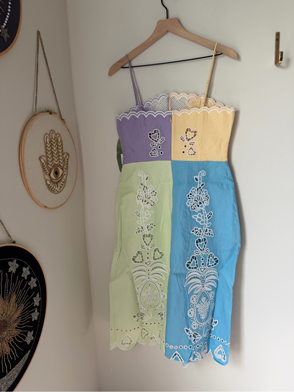 FARM Rio eyelet embroidered Colorblock blue green purple peach linen Midi Dress - Picture 10 of 14